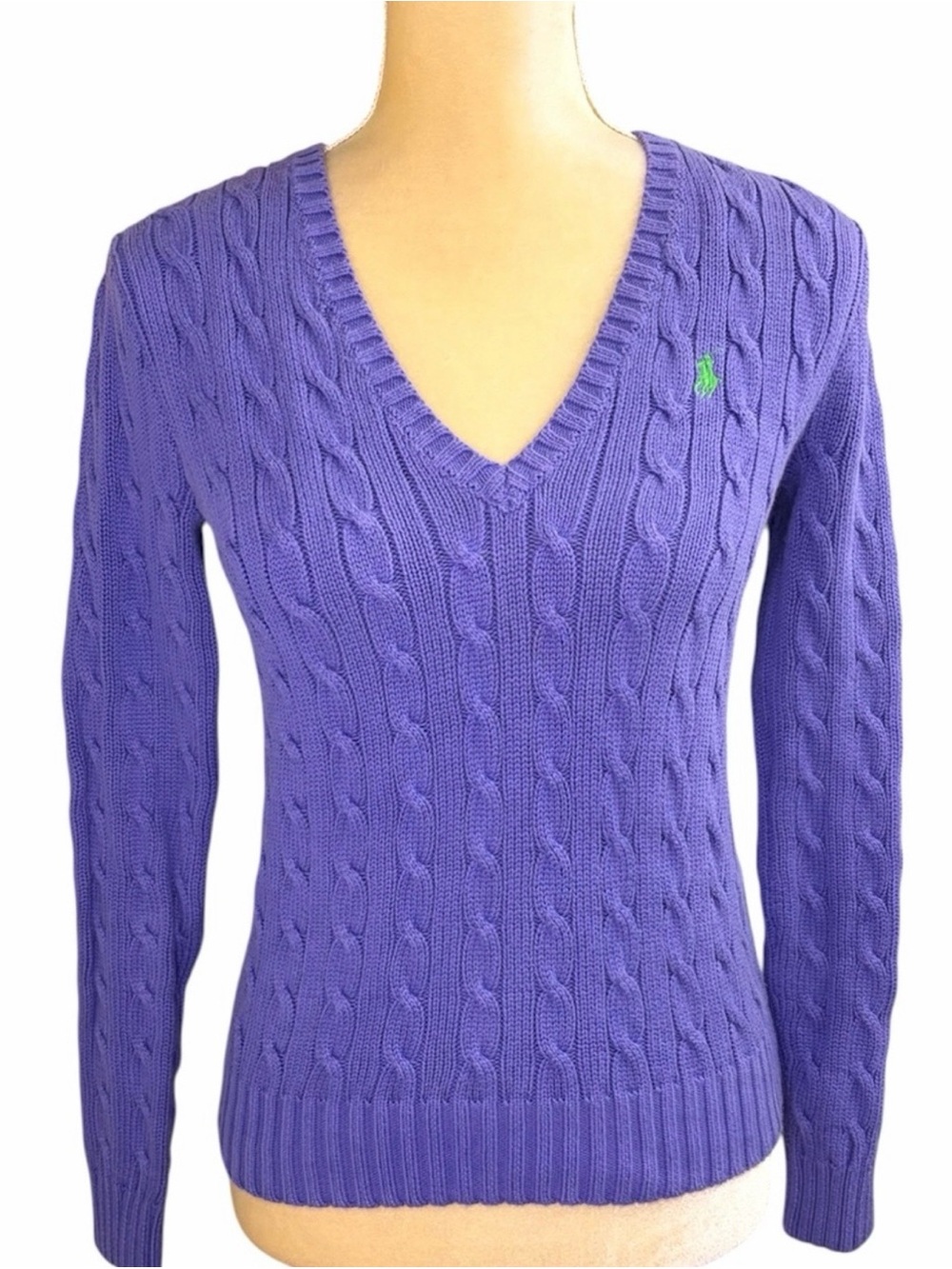 Ralph Lauren Sport Cotton Purple Cable V Neck Sweater L